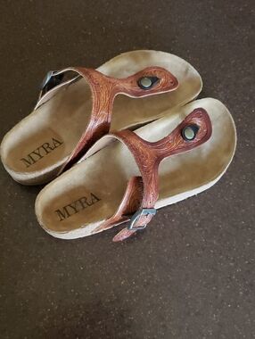 Myra Woman's Hand-Tooled Tan Thong Sandals, Grashius Design, Cork Buckle Strap,